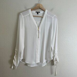 Express Womens XS White V Neck Blouse Zipper Detail Ruched Sleeves Shirt Top